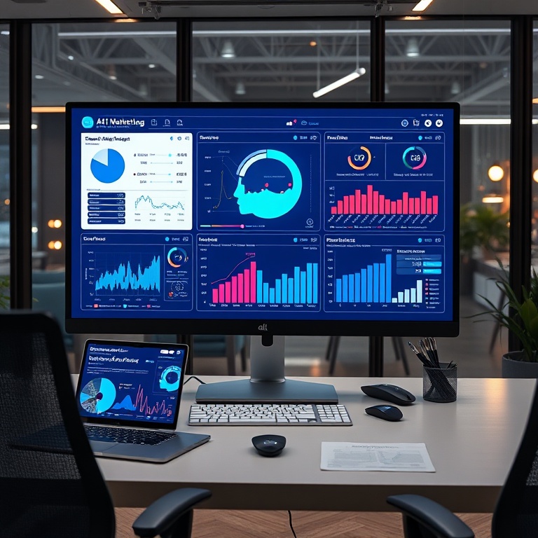 AI-powered marketing tools and data visualization on screen